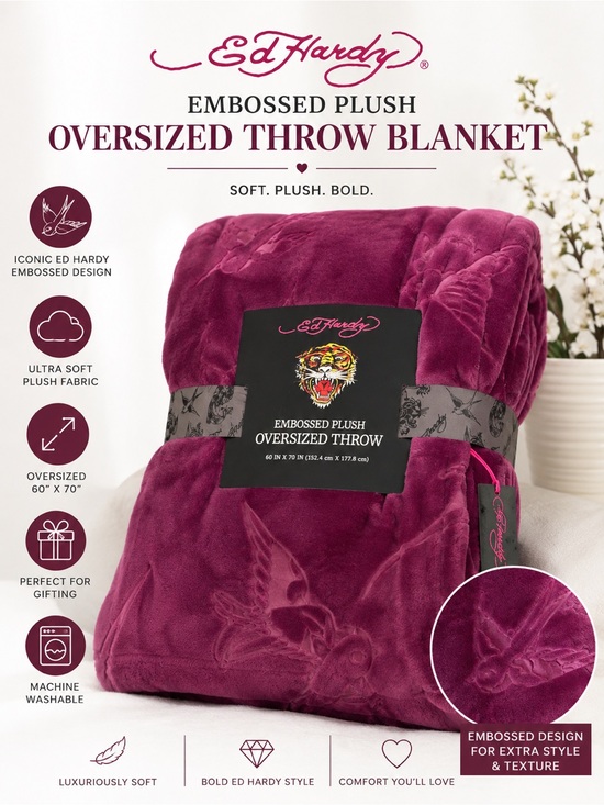 Ed Hardy Other - Ed Hardy Embossed Plush Oversized Throw Blanket in Plum Purple 60” x 70”  NWT